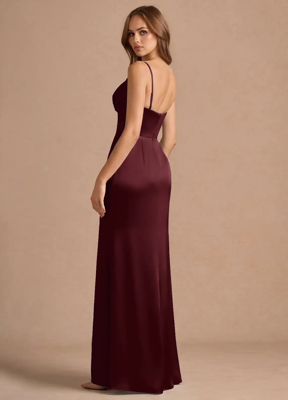 Burgundy Mermaid Spaghetti Strap Satin Floor-Length Wedding Dress - Yihuiw by Yihuiw