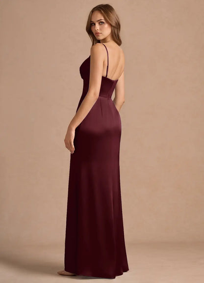 Burgundy Mermaid Spaghetti Strap Satin Floor-Length Wedding Dress - Yihuiw by Yihuiw