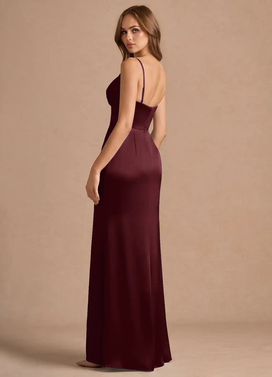 Burgundy Mermaid Spaghetti Strap Satin Floor-Length Wedding Dress - Yihuiw by Yihuiw