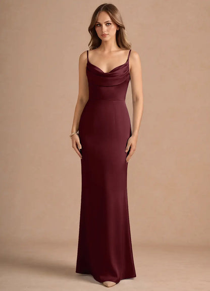 Burgundy Mermaid Spaghetti Strap Satin Floor-Length Wedding Dress - Yihuiw by Yihuiw