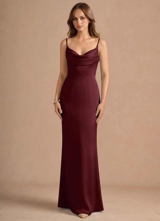 Burgundy Mermaid Spaghetti Strap Satin Floor-Length Wedding Dress - Yihuiw by Yihuiw