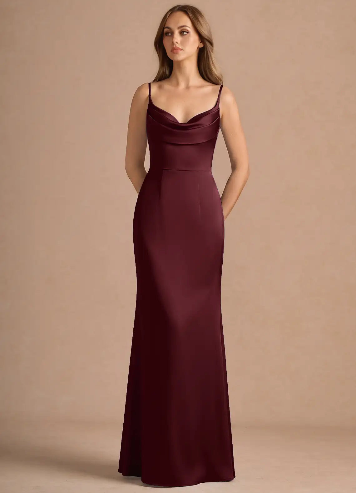 Burgundy Mermaid Spaghetti Strap Satin Floor-Length Wedding Dress - Yihuiw by Yihuiw
