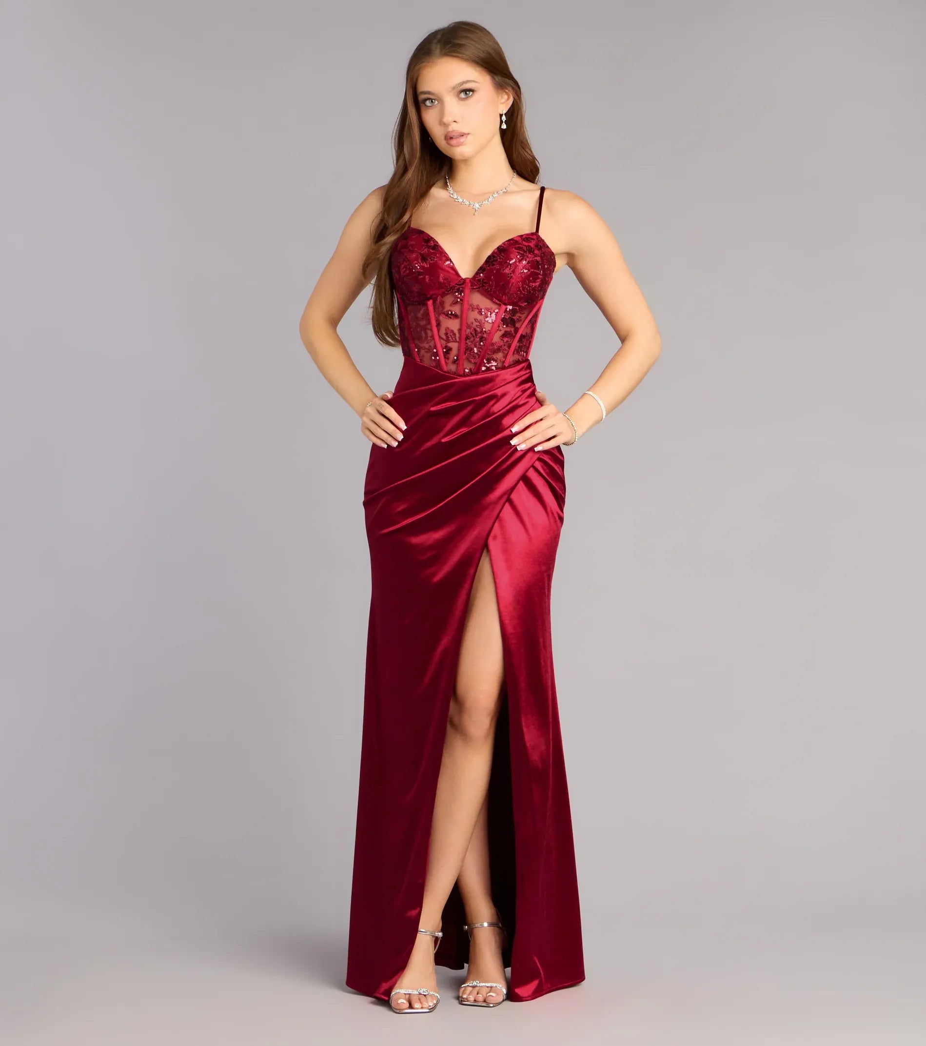 Burgundy Mermaid Spaghetti Strap Satin Lace-Up Back High Slit Floor-Length Wedding Dress - Yihuiw by Yihuiw