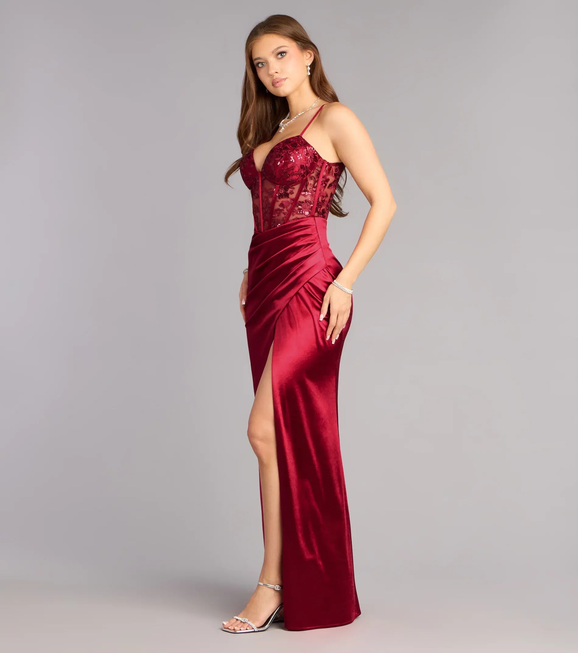 Burgundy Mermaid Spaghetti Strap Satin Lace-Up Back High Slit Floor-Length Wedding Dress - Yihuiw by Yihuiw
