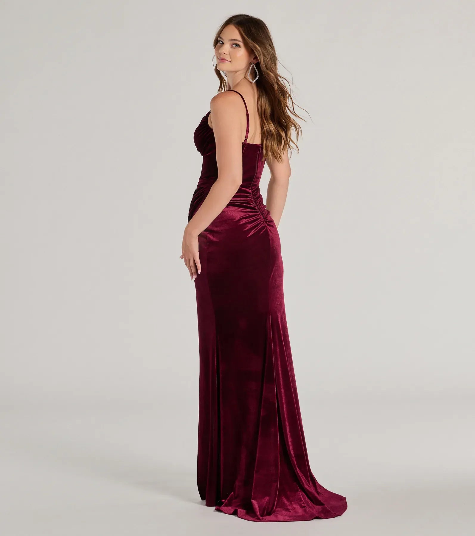 Burgundy Mermaid Spaghetti Strap Velvet Lace-Up Back High Slit Floor-Length Evening Dress - Yihuiw by Yihuiw