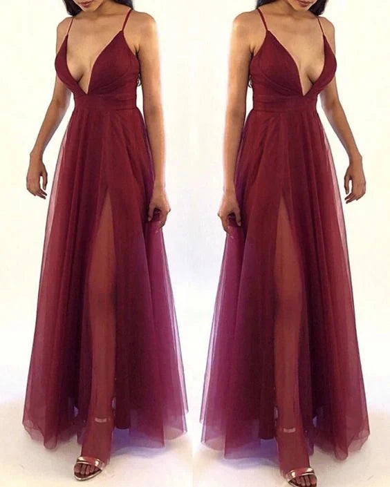 Burgundy Tulle Deep V-Neck Maxi Dress with High Slit tulle prom dress,burgundy prom dress,sexy prom dress Party Dresses by YiHuiw