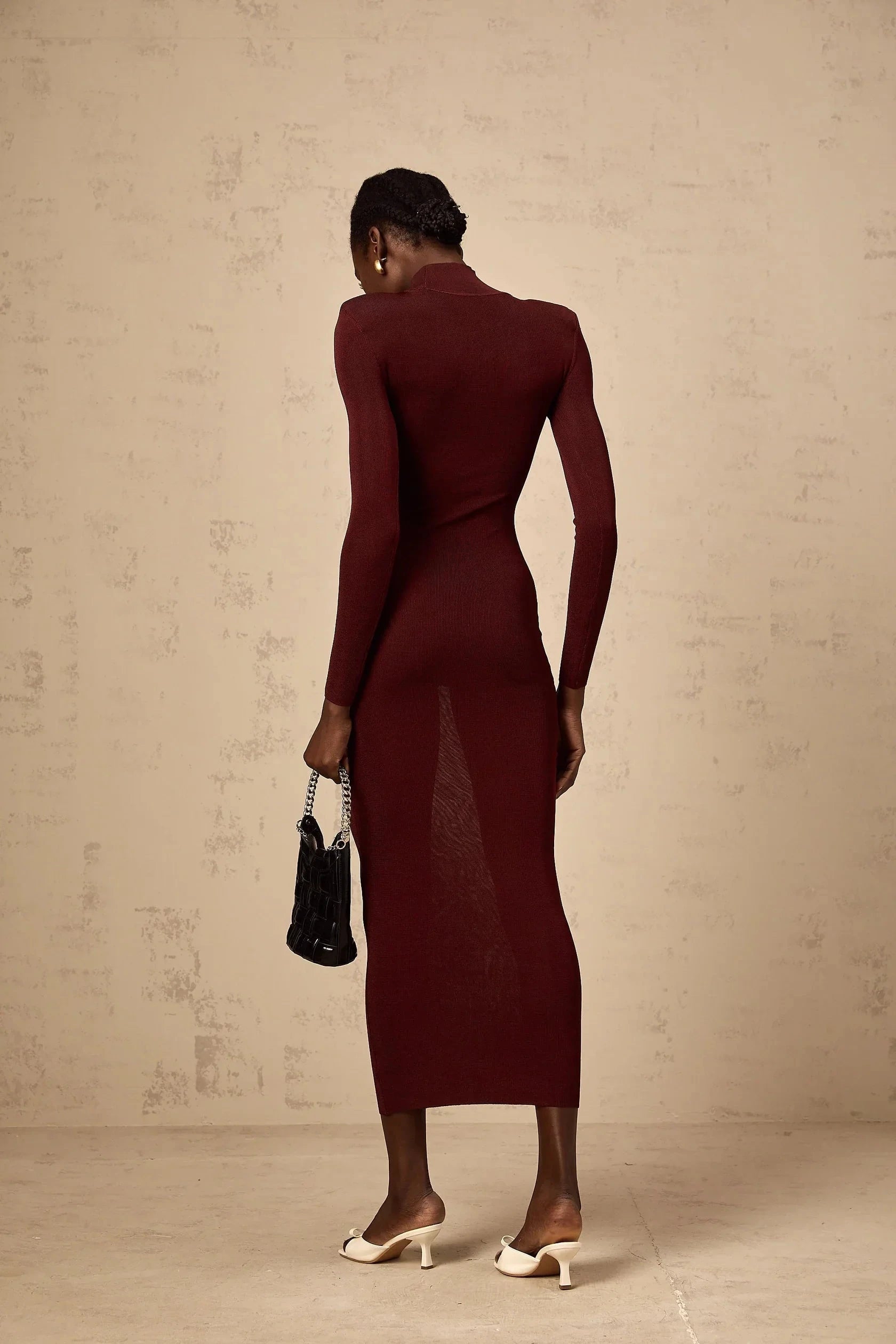 Burgundy Turtleneck Sheer Panel Midi Dress red semi-sheer knitted midi dress Evening Dress by YiHuiw