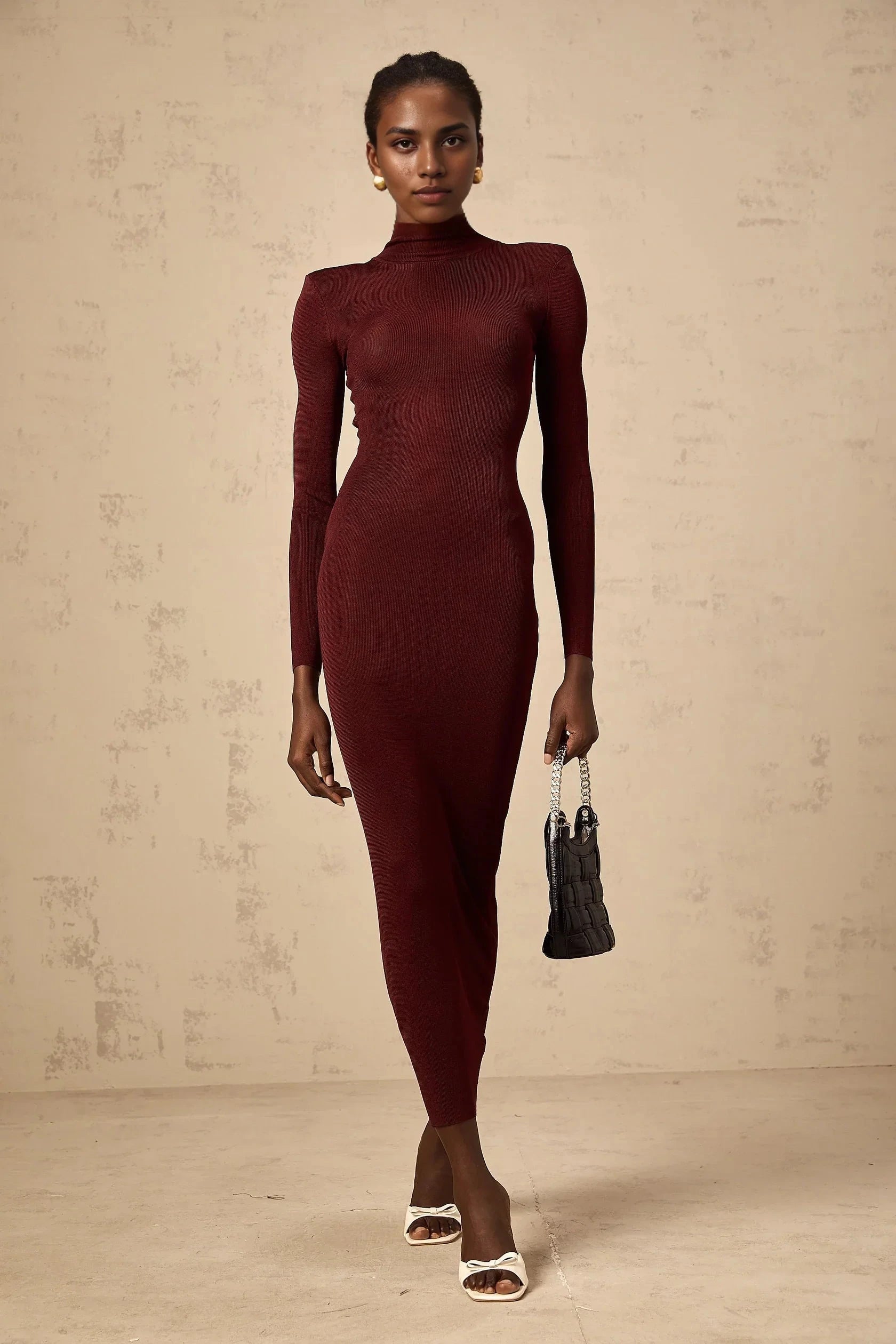Burgundy Turtleneck Sheer Panel Midi Dress red semi-sheer knitted midi dress Evening Dress by YiHuiw