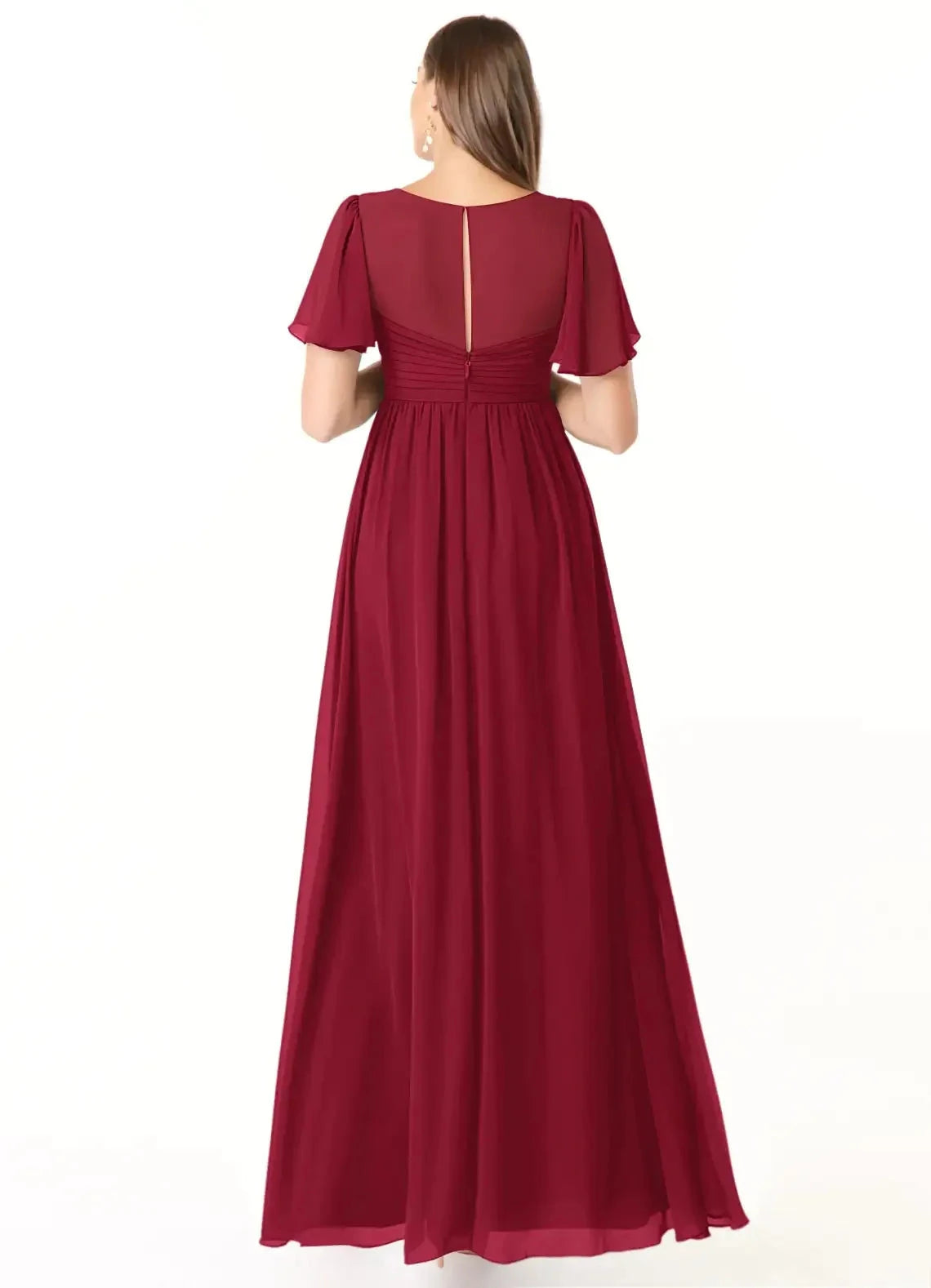 Burgundy V-Neck Chiffon Maternity Maxi Dress with Flutter Sleeves A-Line V-Neck Ruched Chiffon Floor-Length Dress Burgundy Bridesmaid Dresses by YiHuiw