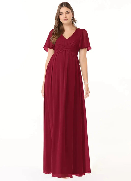 Burgundy V-Neck Chiffon Maternity Maxi Dress with Flutter Sleeves A-Line V-Neck Ruched Chiffon Floor-Length Dress Burgundy Bridesmaid Dresses by YiHuiw
