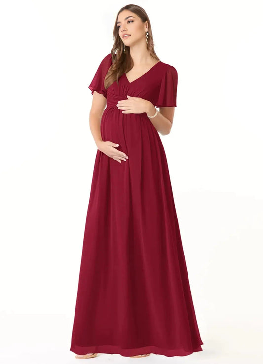 Burgundy V-Neck Chiffon Maternity Maxi Dress with Flutter Sleeves A-Line V-Neck Ruched Chiffon Floor-Length Dress Burgundy Bridesmaid Dresses by YiHuiw
