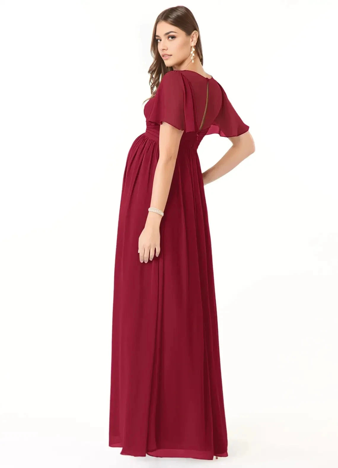 Burgundy V-Neck Chiffon Maternity Maxi Dress with Flutter Sleeves A-Line V-Neck Ruched Chiffon Floor-Length Dress Burgundy Bridesmaid Dresses by YiHuiw
