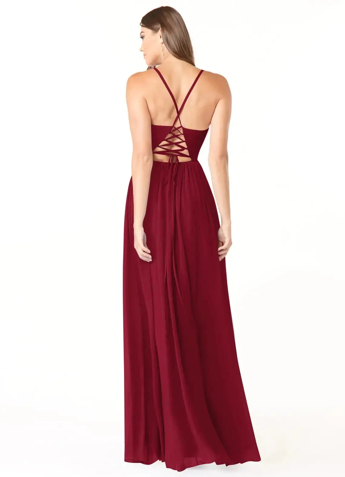 Burgundy V-Neck Maxi Dress with Crisscross Lace-Up Back and Side Slit A-Line Corset Chiffon Dress Bridesmaid Dresses by YiHuiw
