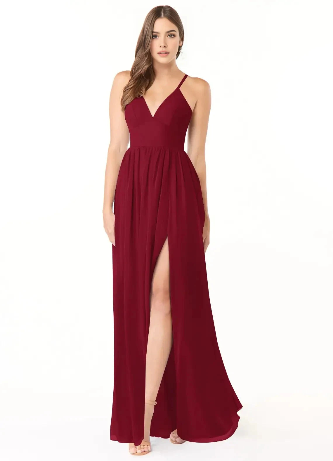 Burgundy V-Neck Maxi Dress with Crisscross Lace-Up Back and Side Slit A-Line Corset Chiffon Dress Bridesmaid Dresses by YiHuiw