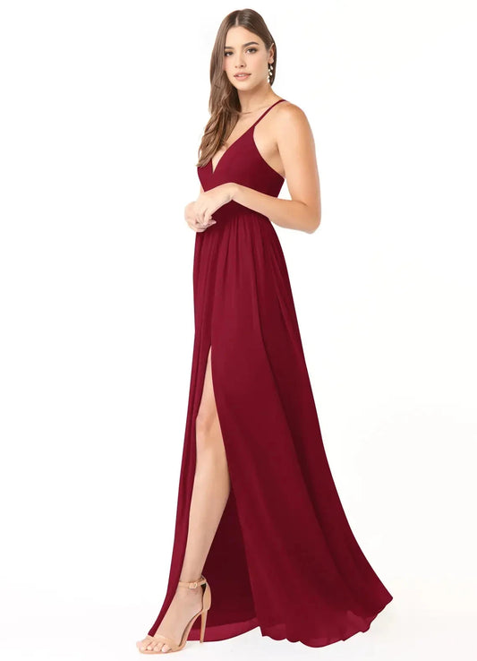 Burgundy V-Neck Maxi Dress with Crisscross Lace-Up Back and Side Slit A-Line Corset Chiffon Dress Bridesmaid Dresses by YiHuiw