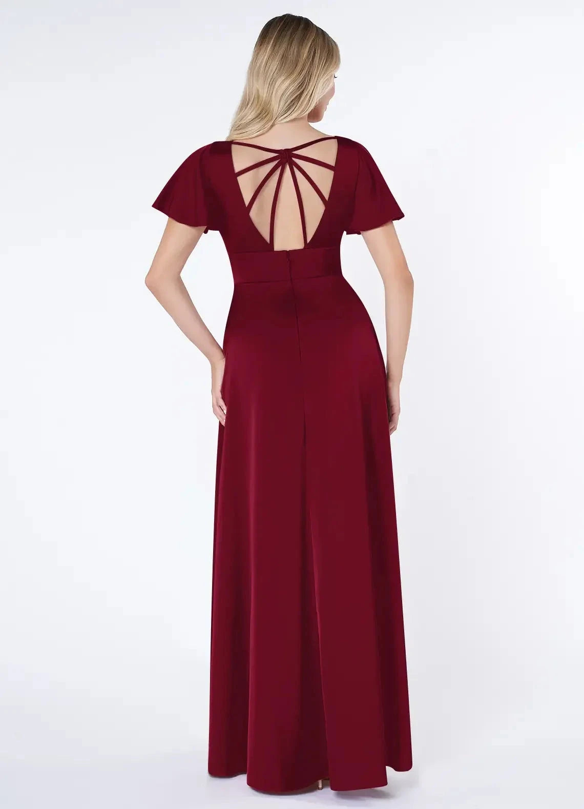 A-Line Flounce Sleeve Stretch Satin Burgundy V-Neck Maxi with Flutter and Open Back Bridesmaid Dresses by YiHuiw
