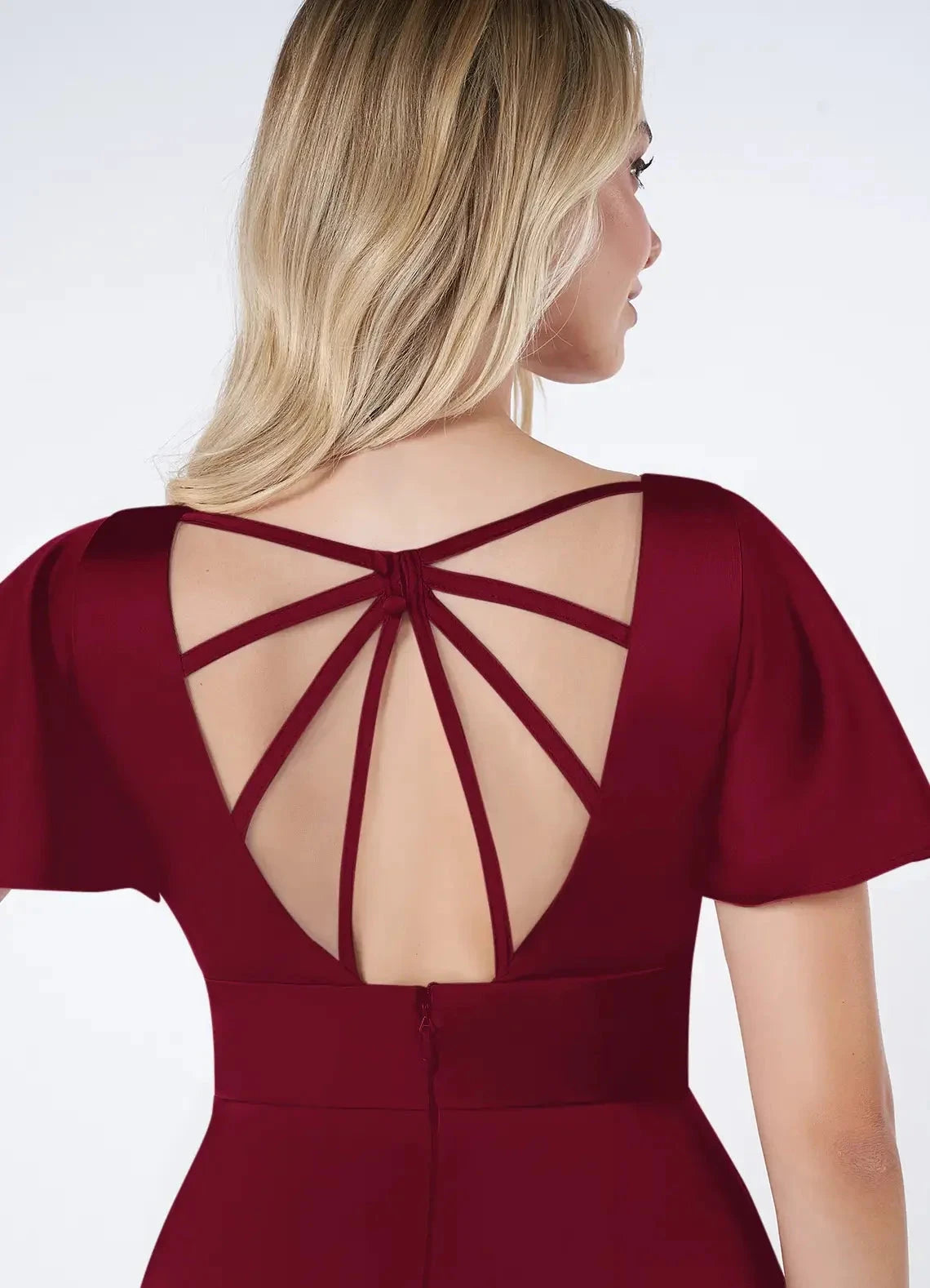 A-Line Flounce Sleeve Stretch Satin Burgundy V-Neck Maxi with Flutter and Open Back Bridesmaid Dresses by YiHuiw