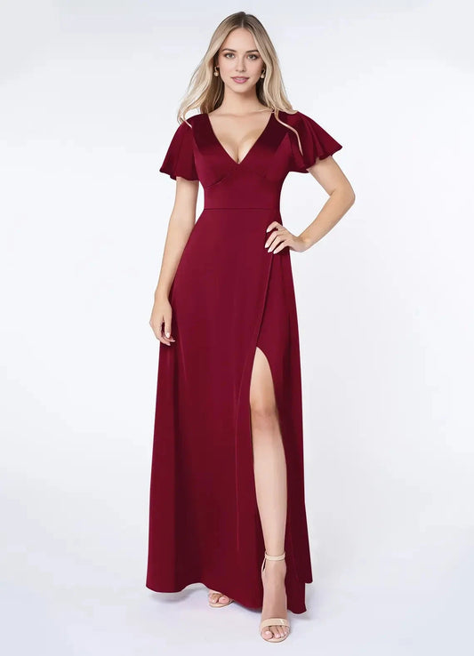 A-Line Flounce Sleeve Stretch Satin Burgundy V-Neck Maxi with Flutter and Open Back Bridesmaid Dresses by YiHuiw