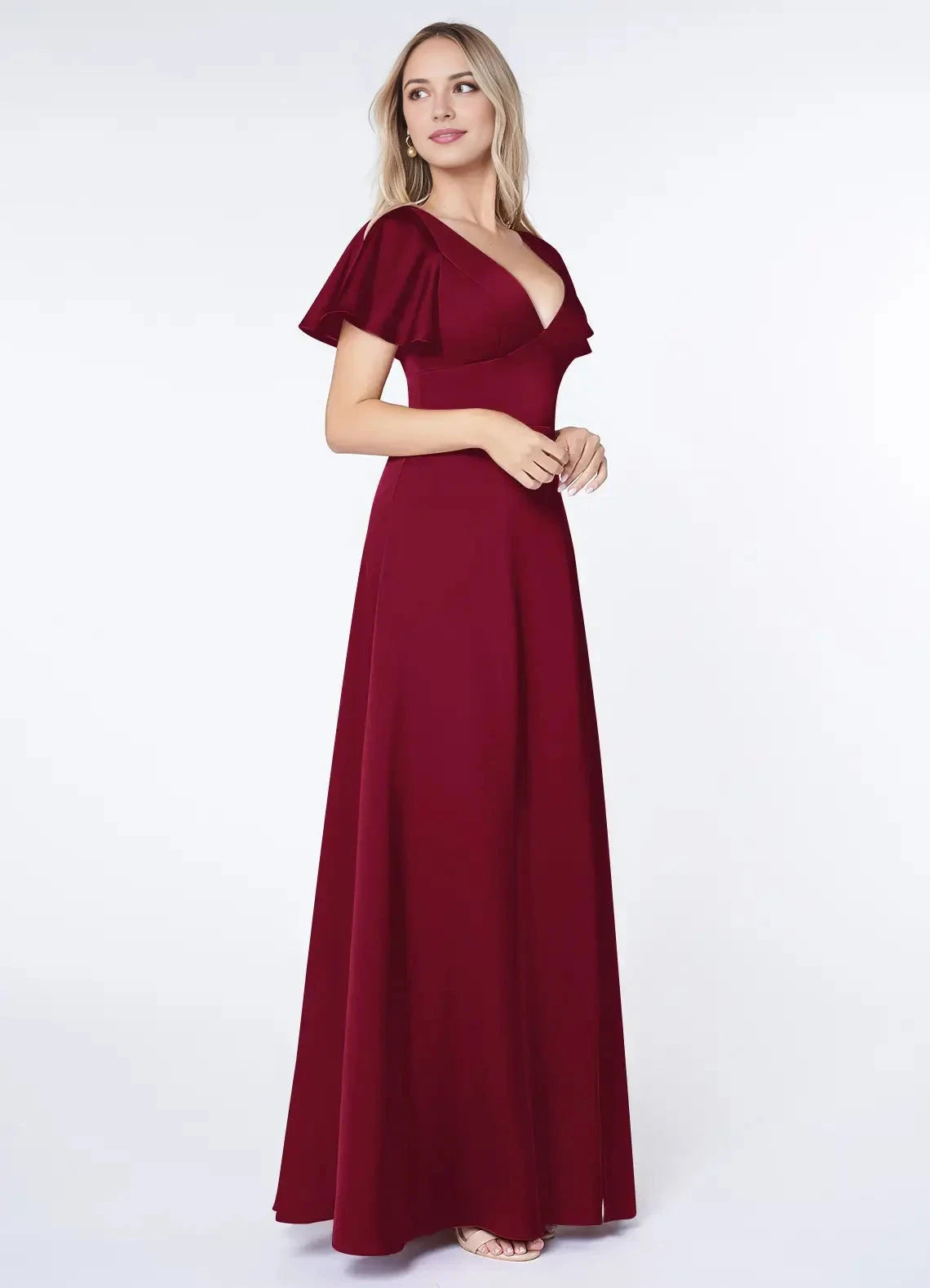 A-Line Flounce Sleeve Stretch Satin Burgundy V-Neck Maxi with Flutter and Open Back Bridesmaid Dresses by YiHuiw