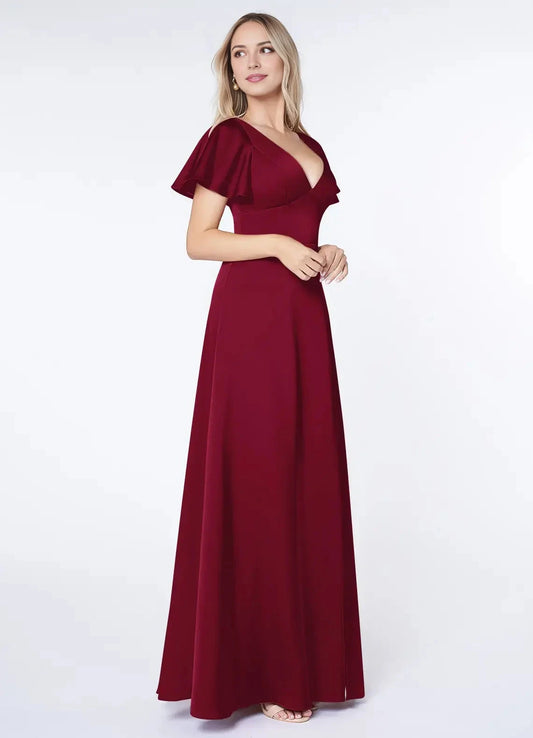 A-Line Flounce Sleeve Stretch Satin Burgundy V-Neck Maxi with Flutter and Open Back Bridesmaid Dresses by YiHuiw