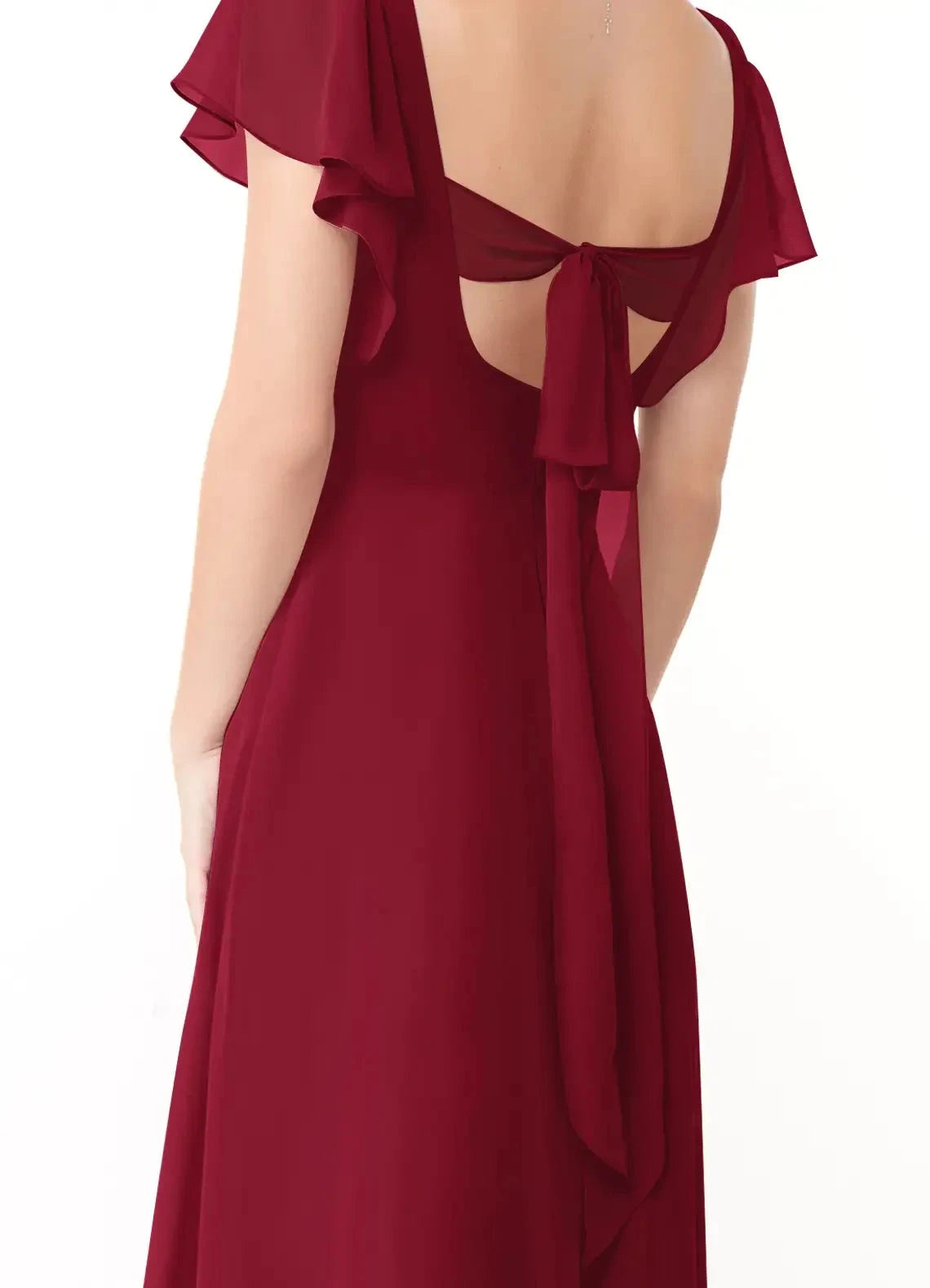 Burgundy V-Neck Maxi Dress with Ruffled Sleeves and Back Bow A-Line Ruched Chiffon Dress Bridesmaid Dresses by YiHuiw