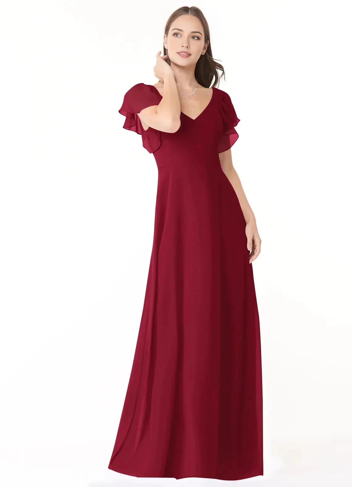 Burgundy V-Neck Maxi Dress with Ruffled Sleeves and Back Bow A-Line Ruched Chiffon Dress Bridesmaid Dresses by YiHuiw
