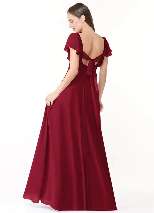 Burgundy V-Neck Maxi Dress with Ruffled Sleeves and Back Bow A-Line Ruched Chiffon Dress Bridesmaid Dresses by YiHuiw