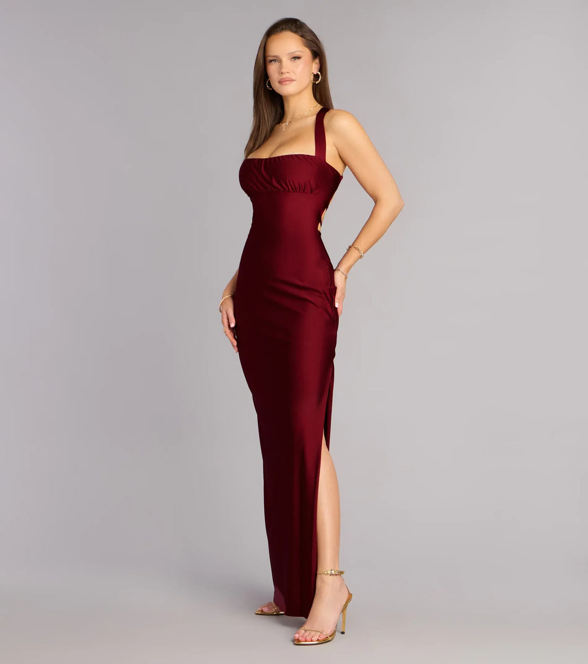 Burgundy Square Neck Satin High Slit Midi Wedding Dress - Yihuiw by Yihuiw