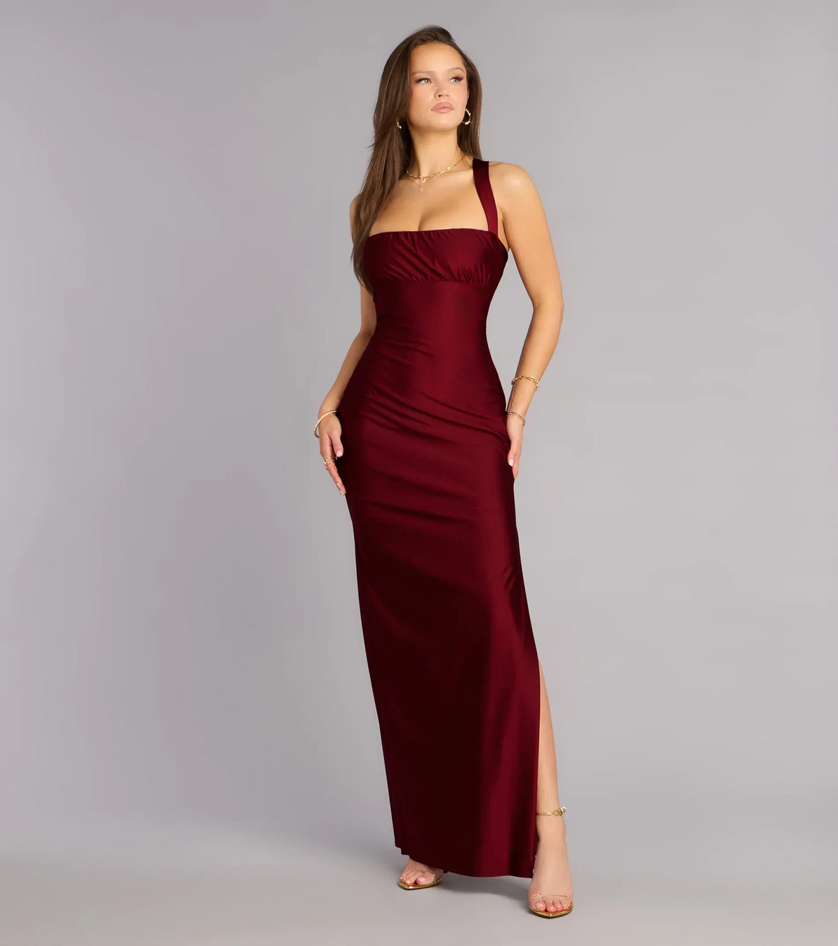 Burgundy Square Neck Satin High Slit Midi Wedding Dress - Yihuiw by Yihuiw