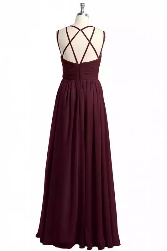Burgundy Chiffon A-Line Dress with V-Neck & Criss-Cross Back