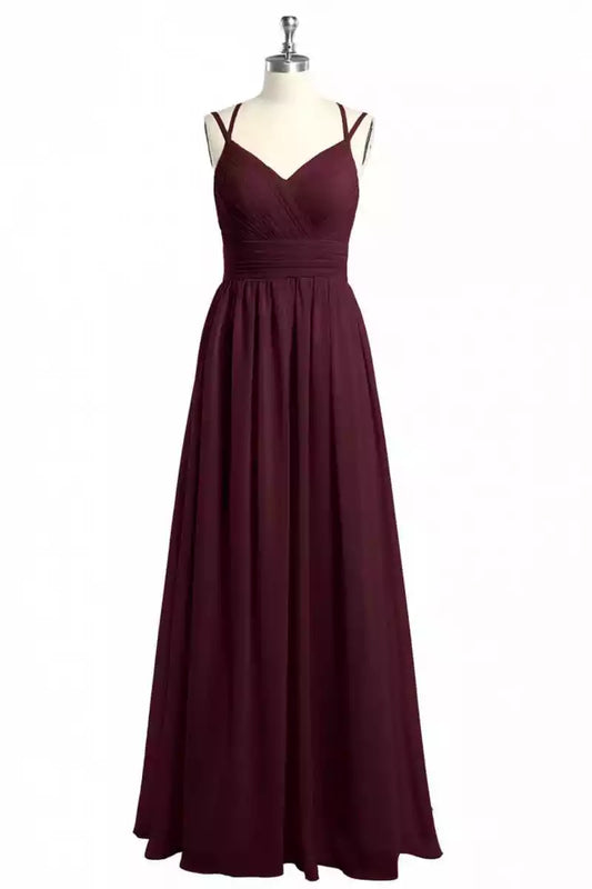 Burgundy Chiffon A-Line Dress with V-Neck & Criss-Cross Back