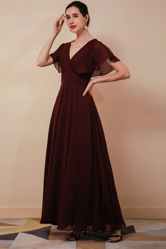 Burgundy Chiffon Bridesmaid Dress with Flutter Sleeves and V-Neck