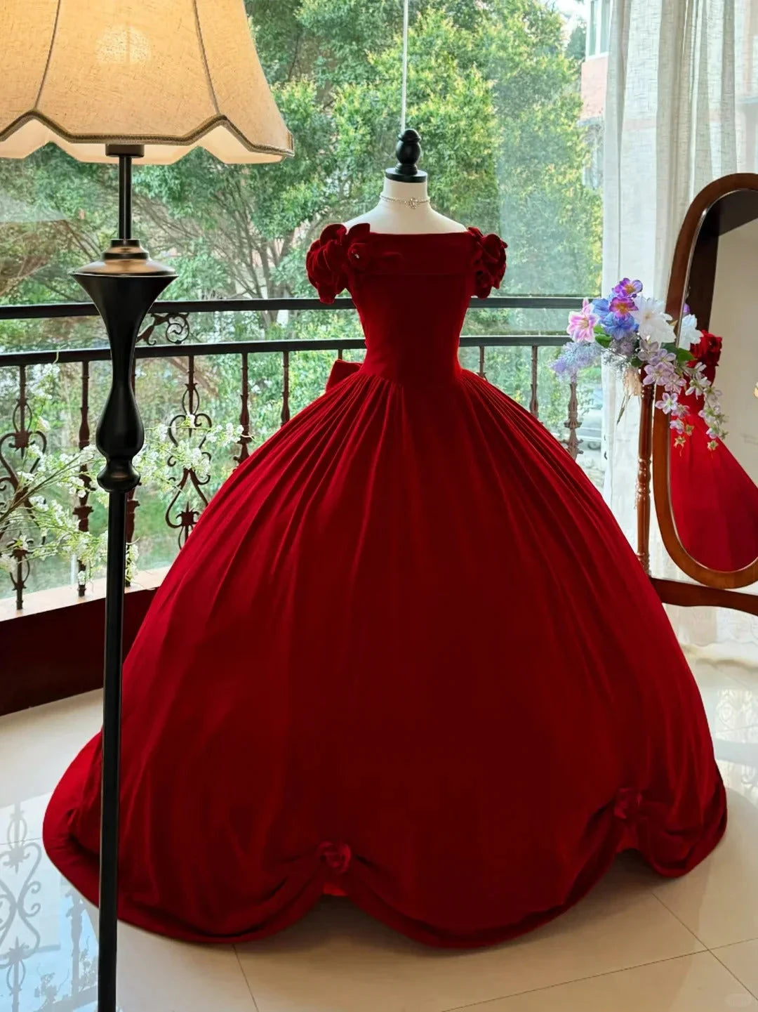 Burgundy Elegant Retro Long Velvet Quinceanera Dresses Prom Dress Graduation Dress Princess by YiHuiw