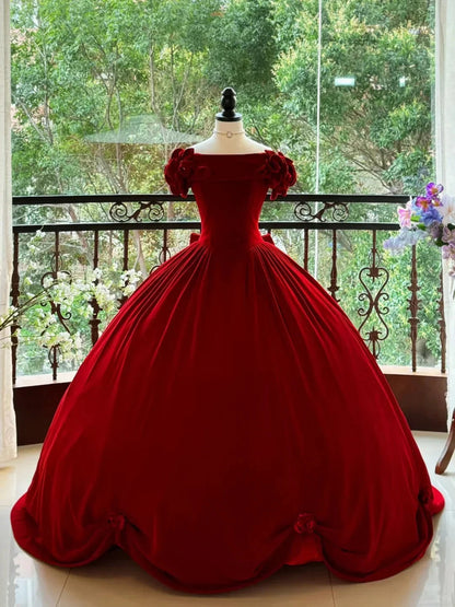 Burgundy Elegant Retro Long Velvet Quinceanera Dresses Prom Dress Graduation Dress Princess by YiHuiw