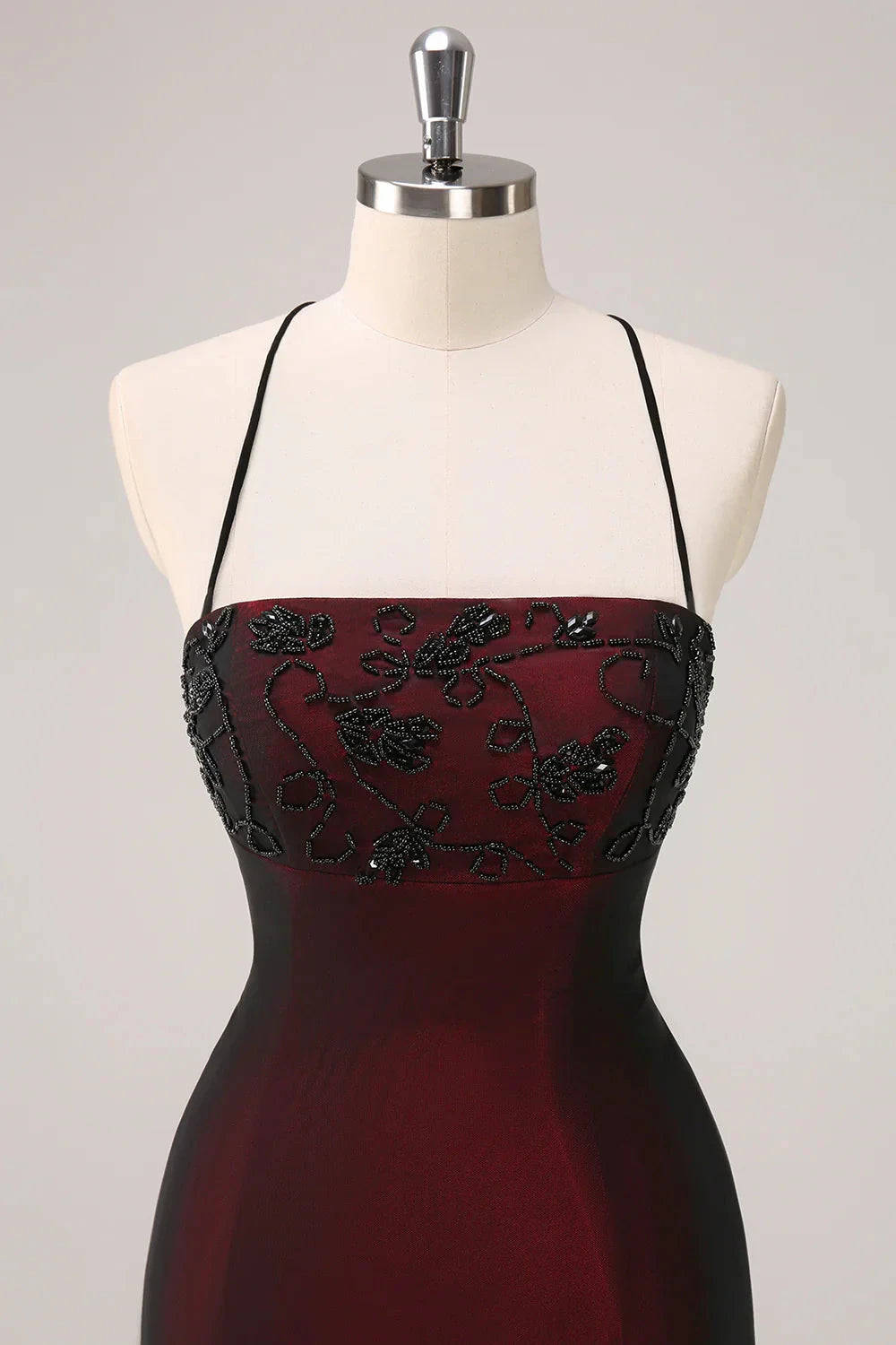 Burgundy Embellished Strappy Back Evening Gown Black Red Spaghetti Straps Mermaid Maxi Dress with Beading Evening Dress by YiHuiw