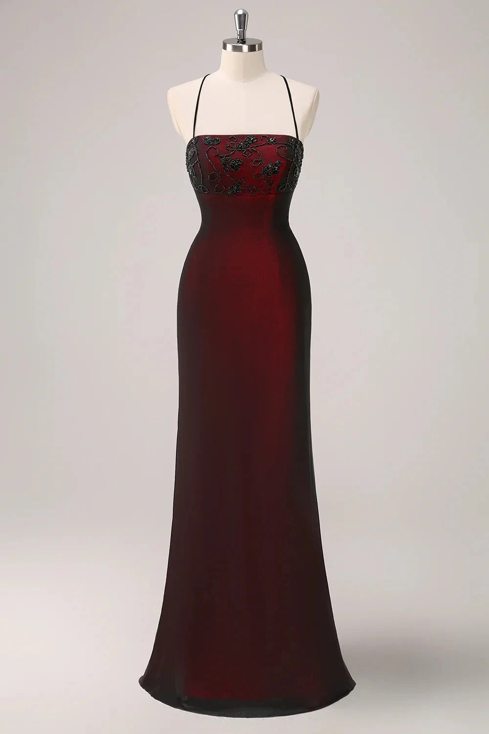Burgundy Embellished Strappy Back Evening Gown Black Red Spaghetti Straps Mermaid Maxi Dress with Beading Evening Dress by YiHuiw