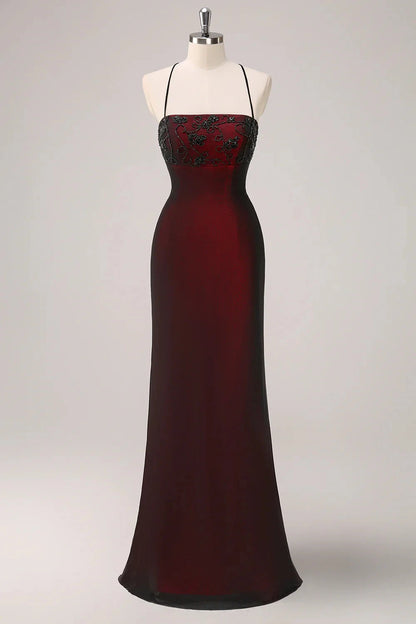 Burgundy Embellished Strappy Back Evening Gown Black Red Spaghetti Straps Mermaid Maxi Dress with Beading Evening Dress by YiHuiw