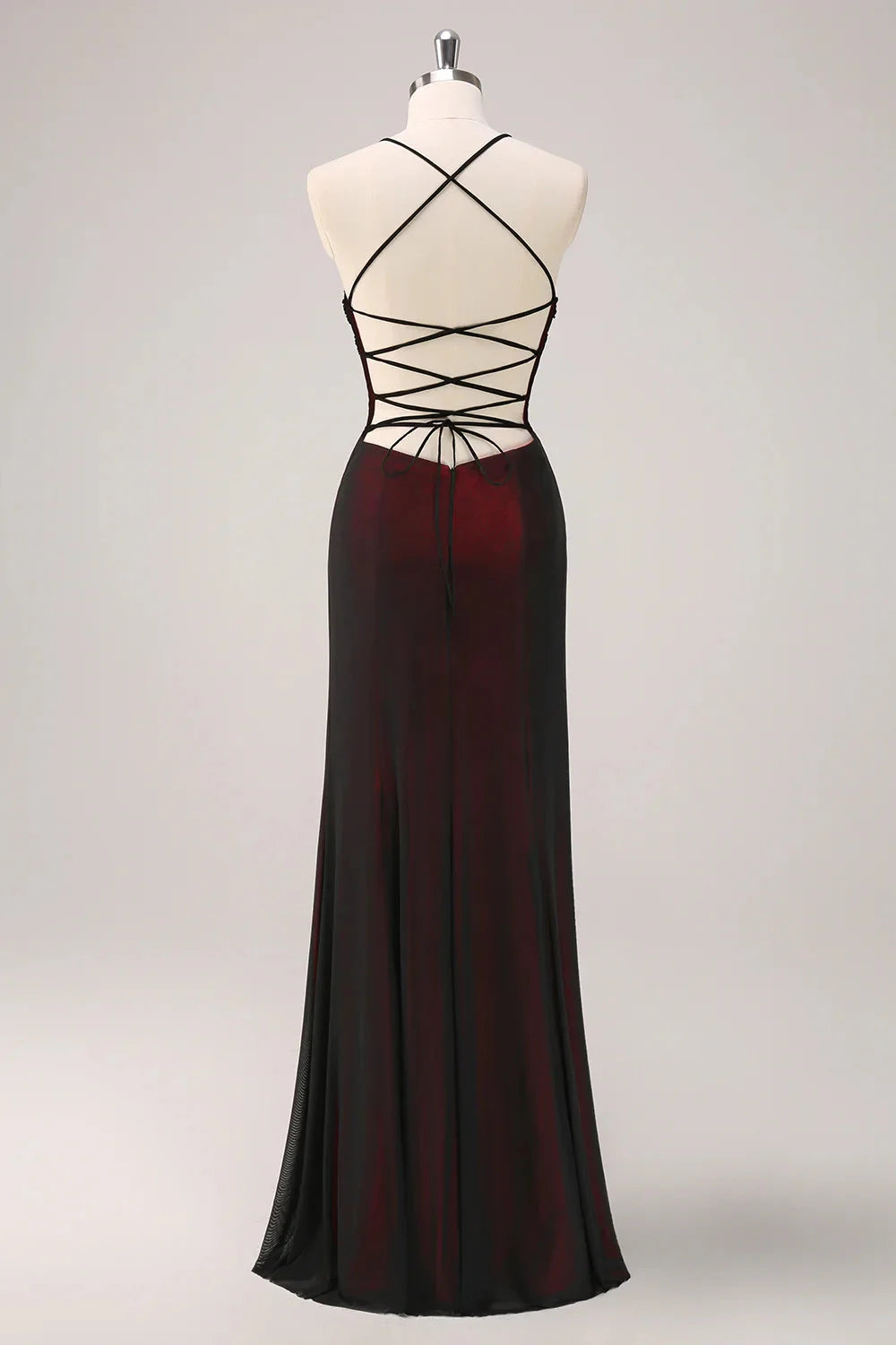 Burgundy Embellished Strappy Back Evening Gown Black Red Spaghetti Straps Mermaid Maxi Dress with Beading Evening Dress by YiHuiw