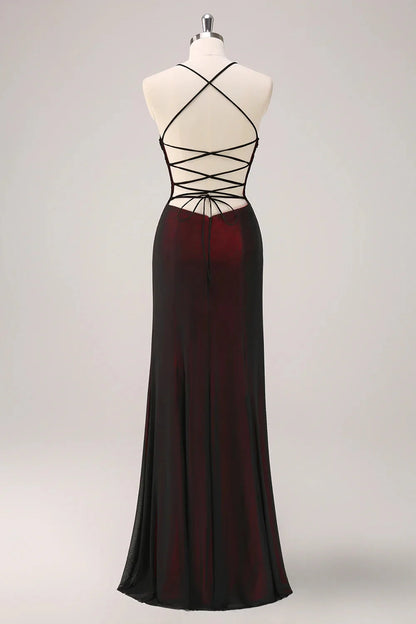 Burgundy Embellished Strappy Back Evening Gown Black Red Spaghetti Straps Mermaid Maxi Dress with Beading Evening Dress by YiHuiw