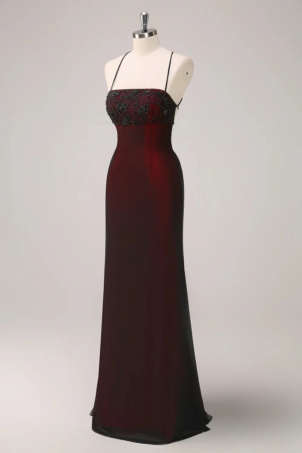 Burgundy Embellished Strappy Back Evening Gown Black Red Spaghetti Straps Mermaid Maxi Dress with Beading Evening Dress by YiHuiw