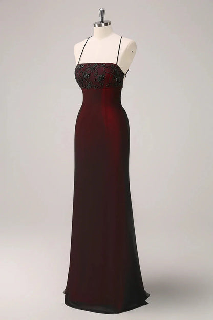 Burgundy Embellished Strappy Back Evening Gown Black Red Spaghetti Straps Mermaid Maxi Dress with Beading Evening Dress by YiHuiw