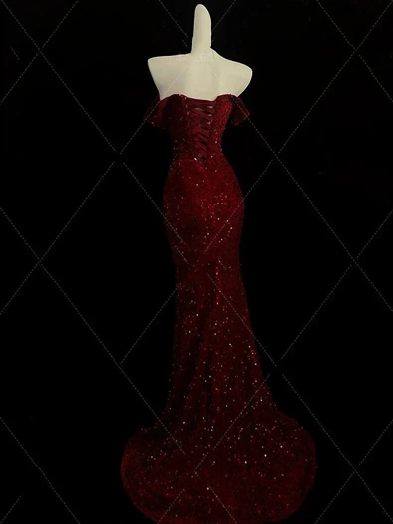 Burgundy Mermaid Evening Gowns Formal Weddings with Slit simple gentle atmospheric and unique desi Bring summer colors to enhance whiteness by YiHuiw