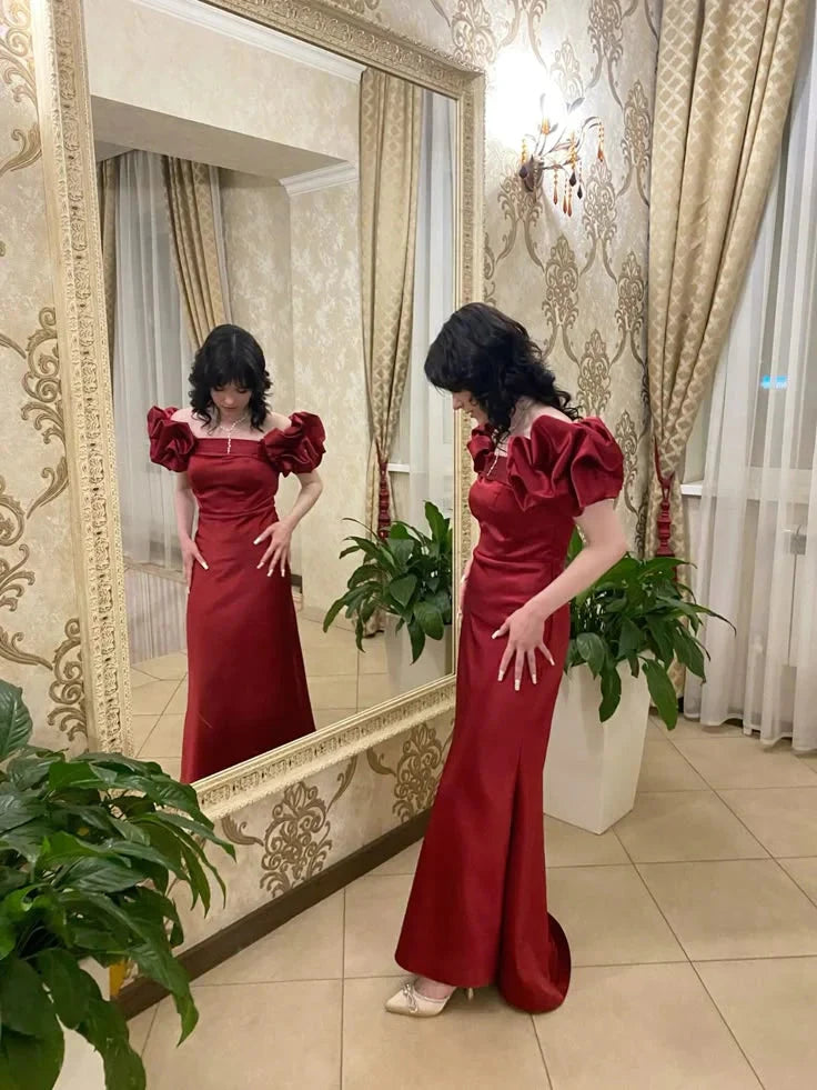 Burgundy Off Shoulder Prom Dress Long Satin Evening Party Dresses simple gentle atmospheric and unique desi Bring summer colors to enhance whiteness by YiHuiw