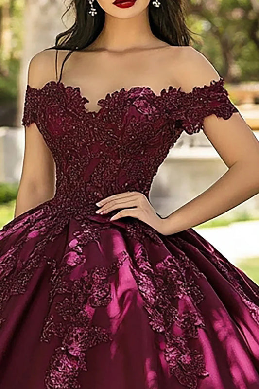 Burgundy Off-the-Shoulder Glitter Ball Gown Prom Dress with Lace Appliques