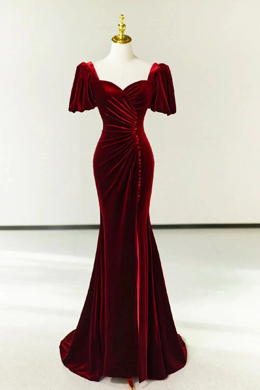 Burgundy Pleated Velvet Long Prom Dress with Slit Mermaid Backless Evening Party Dress simple gentle atmospheric and unique desi Bring summer colors to enhance white by YiHuiw