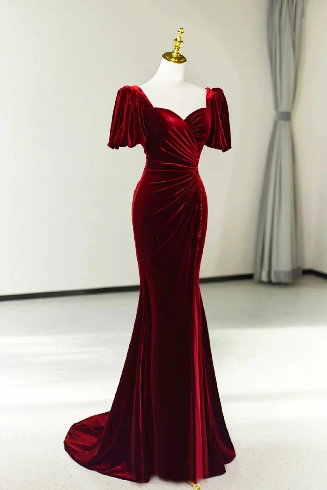 Burgundy Pleated Velvet Long Prom Dress with Slit Mermaid Backless Evening Party Dress simple gentle atmospheric and unique desi Bring summer colors to enhance white by YiHuiw