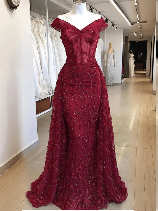 Burgundy Prom Dress Mermaid Off Shoulder Evening Dresses Elegant simple gentle atmospheric and unique desi Bring summer colors to enhance whiteness by YiHuiw