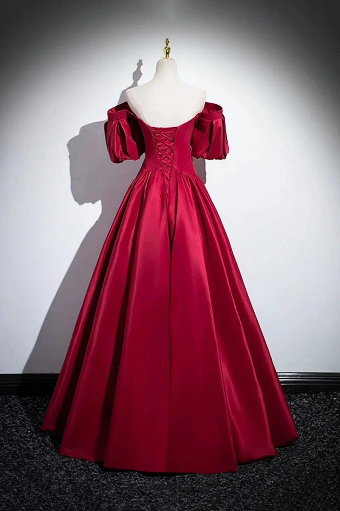Burgundy Satin Floor Length A-Line Prom Dress Off the Shoulder Evening Party Dress simple gentle atmospheric and unique desi Bring summer colors to enhance white by YiHuiw