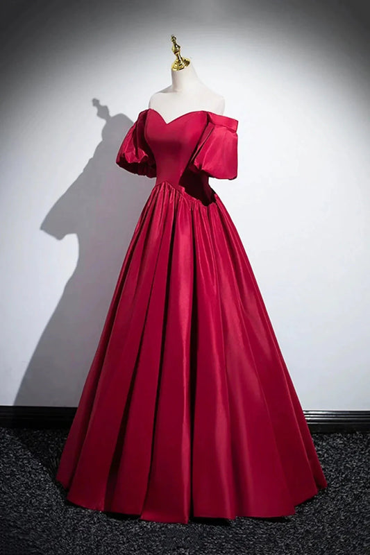 Burgundy Satin Floor Length A-Line Prom Dress Off the Shoulder Evening Party Dress simple gentle atmospheric and unique desi Bring summer colors to enhance white by YiHuiw