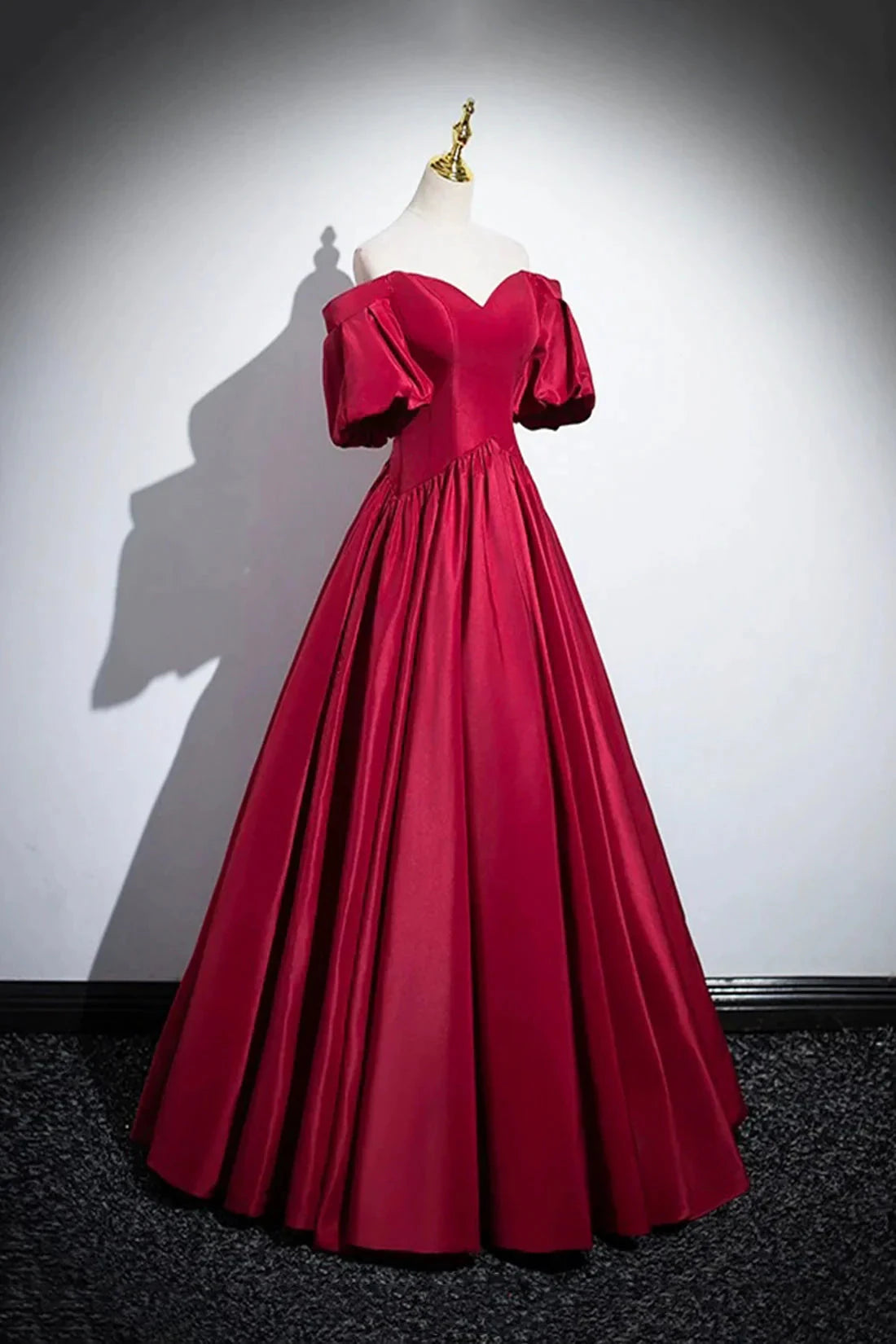 Burgundy Satin Floor Length A-Line Prom Dress Off the Shoulder Evening Party Dress simple gentle atmospheric and unique desi Bring summer colors to enhance white by YiHuiw